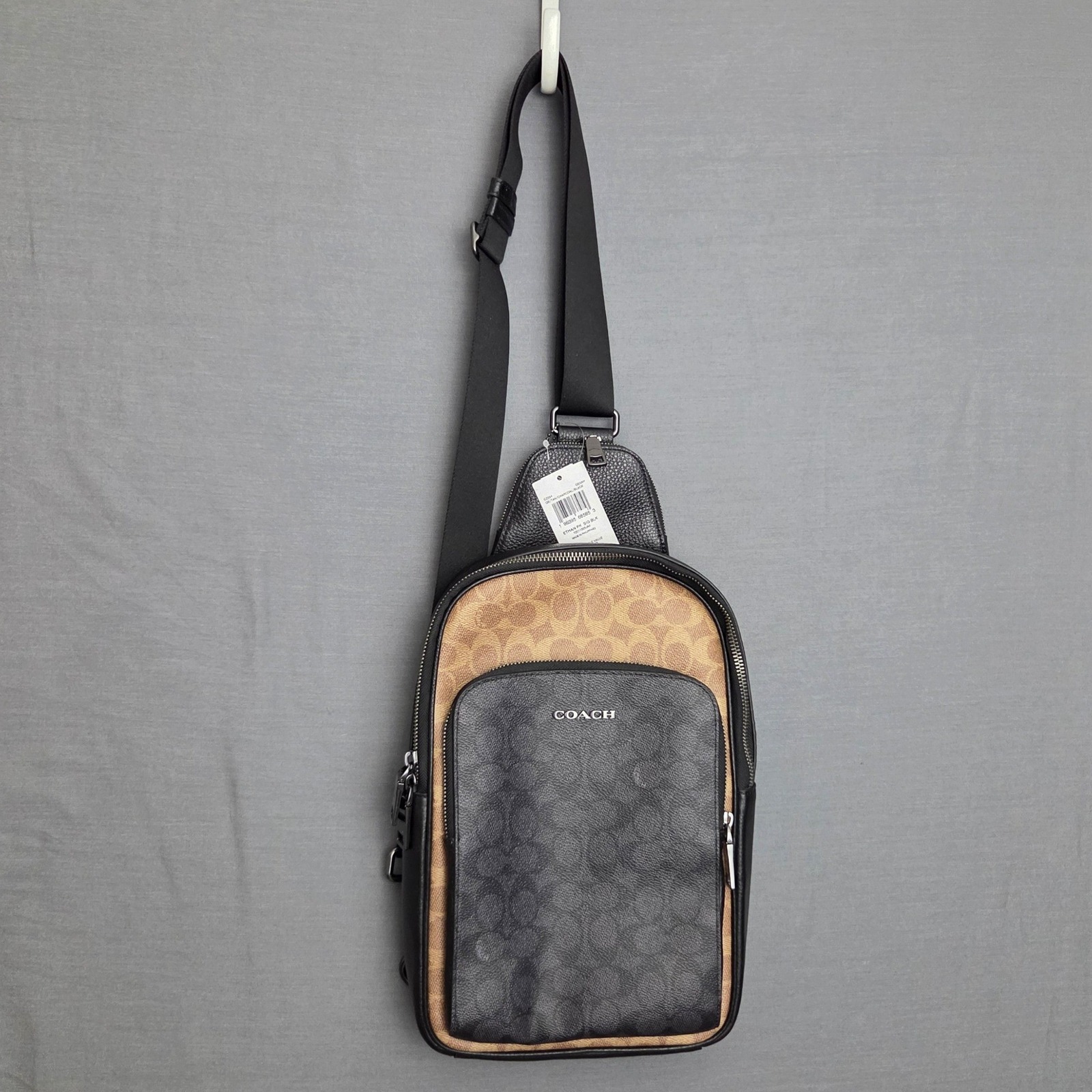 Nwt Coach Cz394 Ethan Pack Signature Canvas Leather Sling Bag Tan Charcoal Black